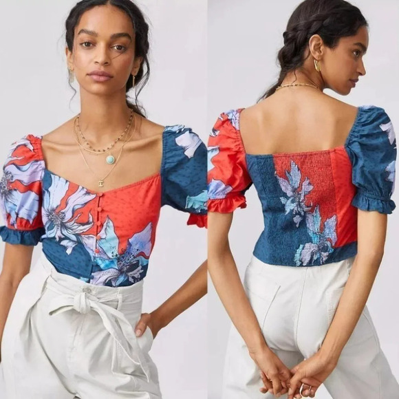 Anthropologie Tops - Anthropologie Conditions Apply Floral Puff-Sleeved Blouse Size Small NWOT